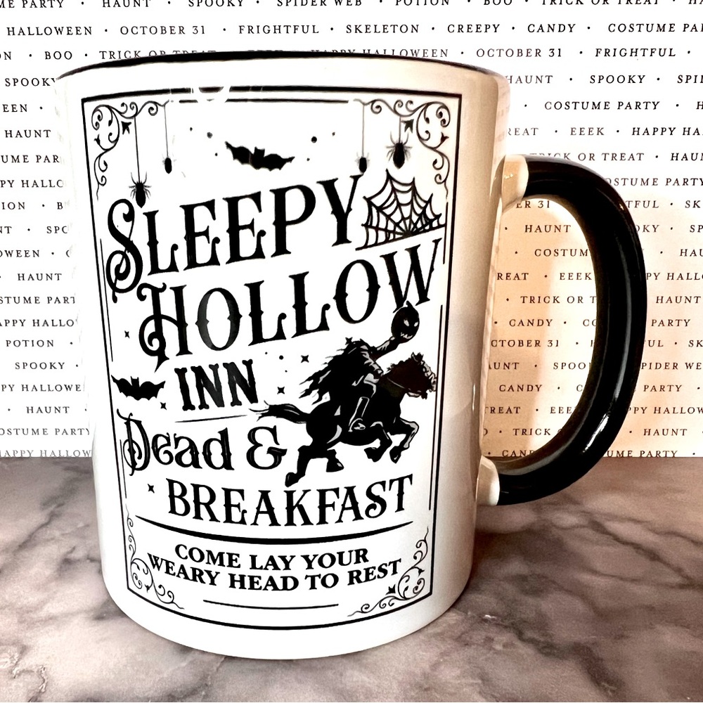 Halloween Headless Horseman Mug Sleepy Hollow Inn Dead & Breakfast Black White